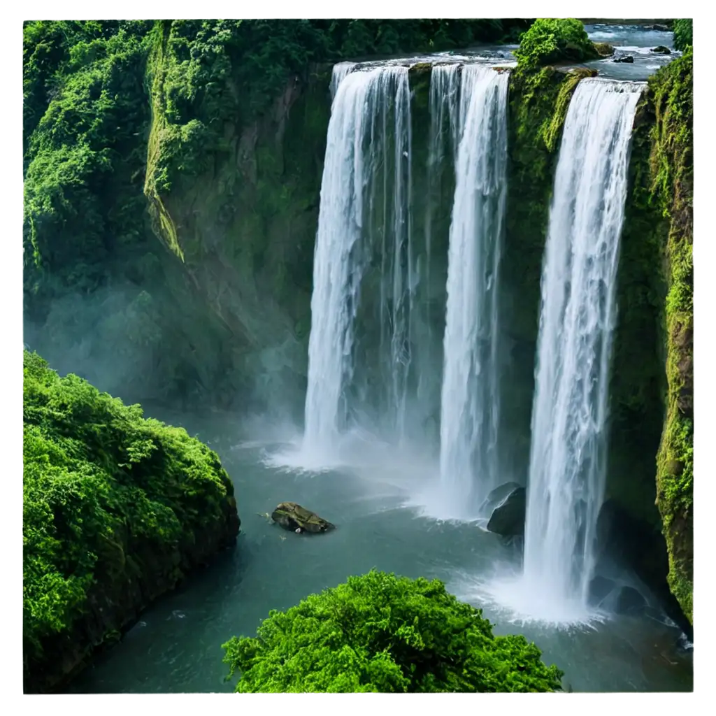 Pemandangan air terjun dengan cahaya sinar matahari