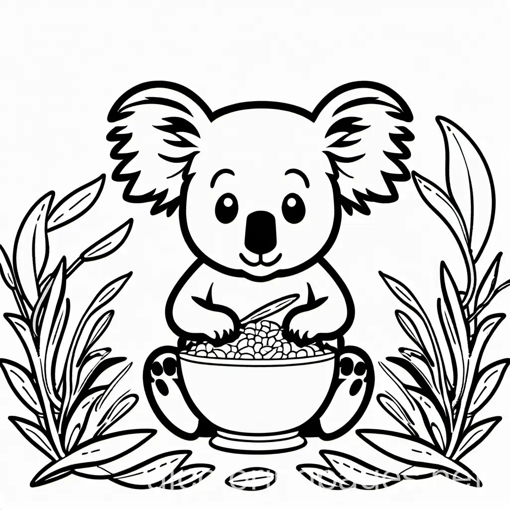 koala eating rice, Coloring Page, black and white, line art, white background, Simplicity, Ample White Space. The background of the coloring page is plain white to make it easy for young children to color within the lines. The outlines of all the subjects are easy to distinguish, making it simple for kids to color without too much difficulty