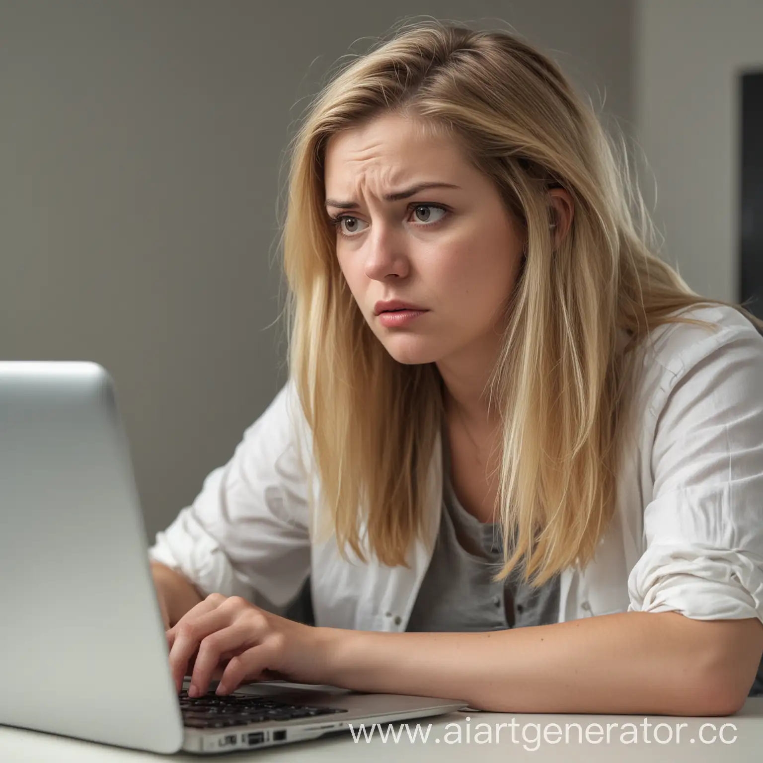 A white female is looking at the computer. She is unhappy.