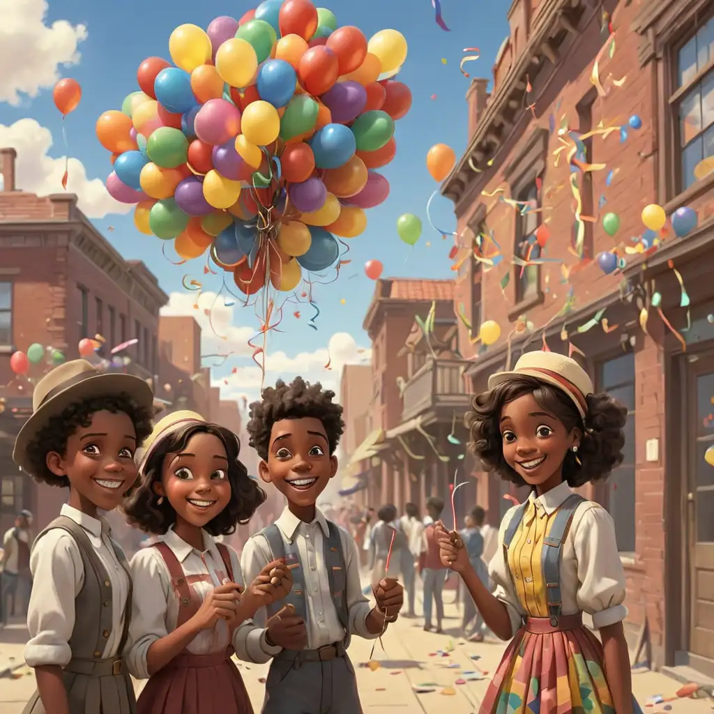 Colorful 1900s Cartoonstyle African American Teens Decorating Buildings with Balloons and Streamers in New Mexico