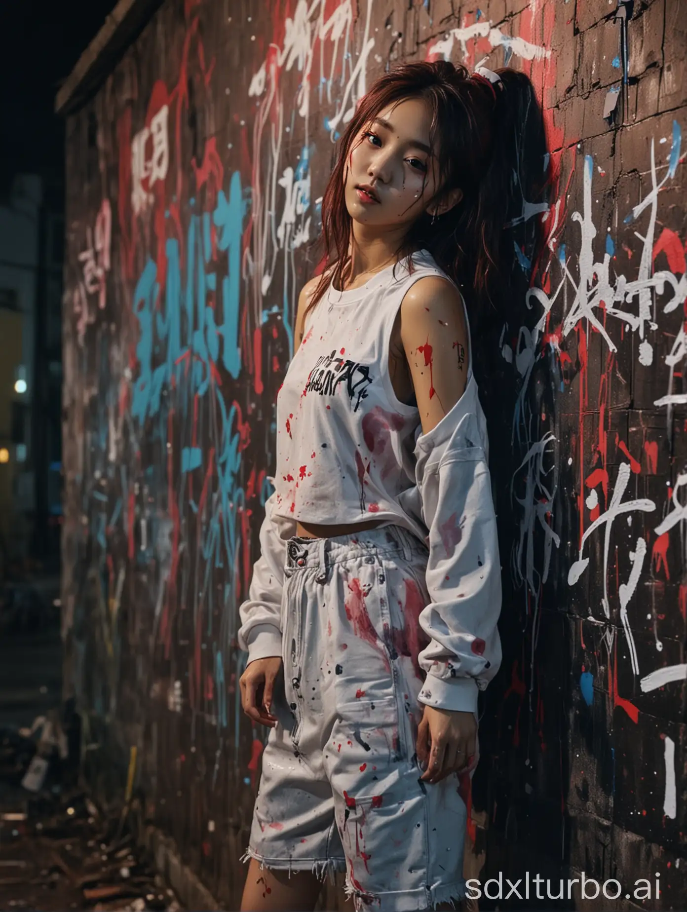 Korean girl graffiti artist, k-pop style, paint stained clothes, cinematic, night
