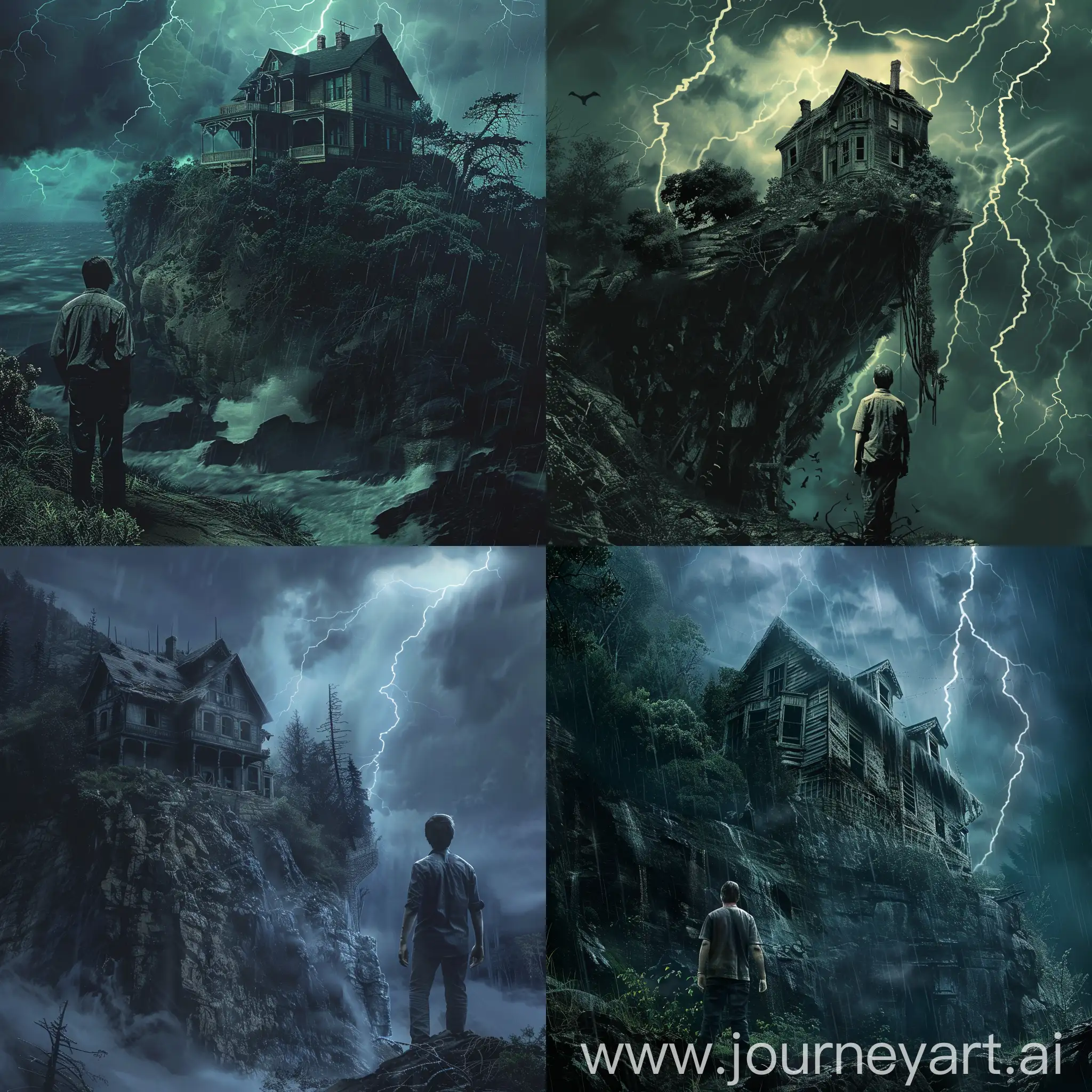 Eerie-Gothic-Scene-Isolated-Cliff-House-in-Stormy-Night