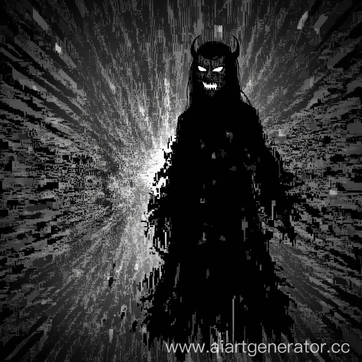 Silhouette: Resembles Kusunoki (half human, half demon). Face: - Mask, occasionally becomes transparent. - Scarred face with cuts by the mouth. Eyes: Black sclera, white pupils. Hair: Long, dark. Clothing: Black cloak, disintegrating into pixels. Effects: Glitches and illusions around.