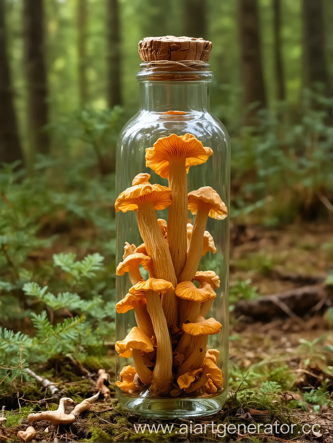 гриб лисичка в стеклянной бутылке на фоне природы