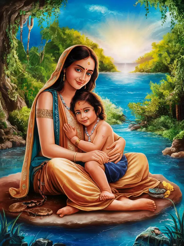 Digital painting of a beautiful,modern, ethnic,  mother and child sitting together in nature, surrounded by the beauty of creation and reflecting on God's presence in their lives. The painting could capture the serenity and awe-inspiring wonder of nature, symbolizing the connection between a mother, her child, and the divine.