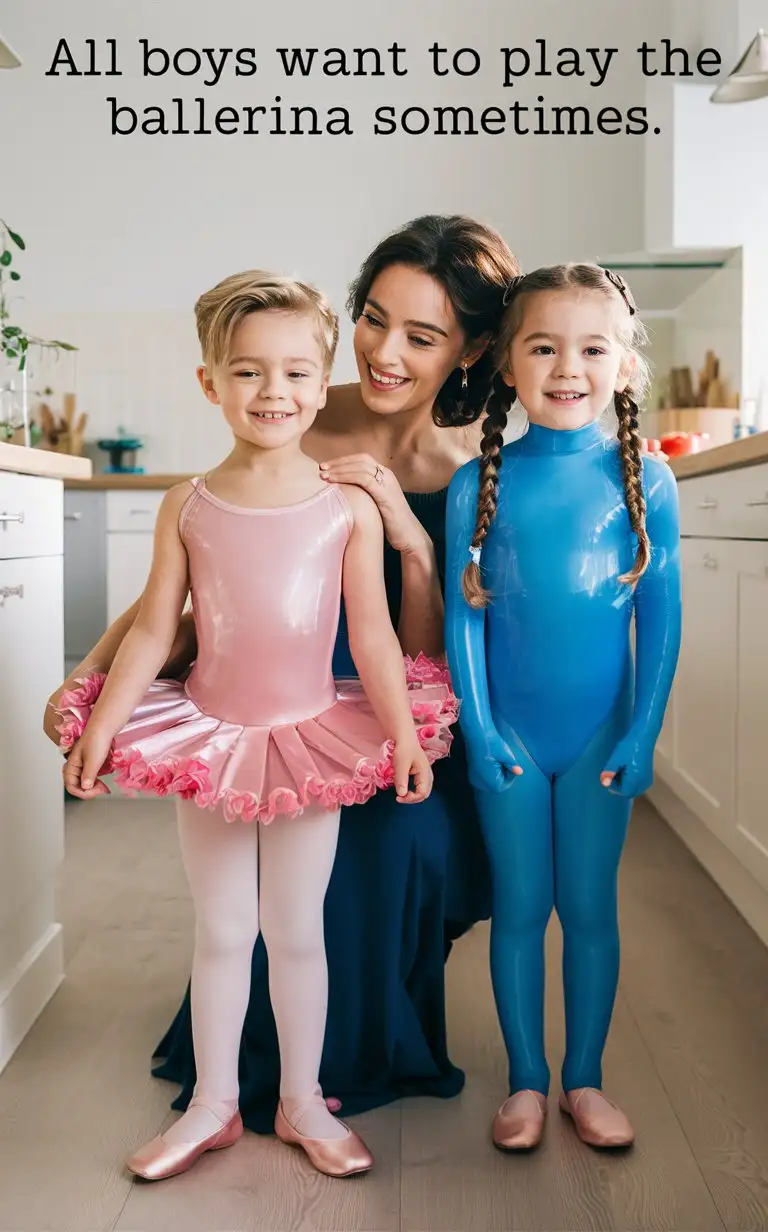 Gender role-reversal, Photograph of a mother dressing her young son, a cute boy age 8 with short smart hair shaved on the sides, up in a pink latex leotard and a frilly silk tutu and tap dancing shoes, and her young daughter, a girl age 7 with long hair in braids, is dressed up in a blue latex full-body bodysuit, in a kitchen for fun, adorable, perfect children faces, perfect faces, clear faces, perfect eyes, perfect noses, smooth skin, upper captions “All boys want to play the ballerina sometimes”