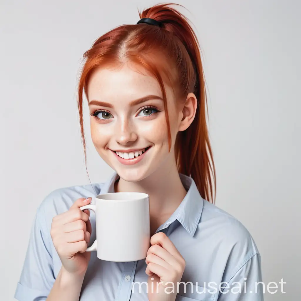 Cheerful RedHaired Student with White Mug on White Background