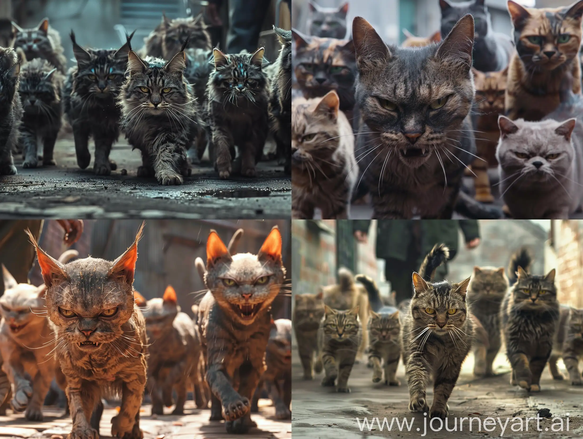 A gang of cats with ugly, threatening faces, coming towards someone. uLTRA REALIST 8K