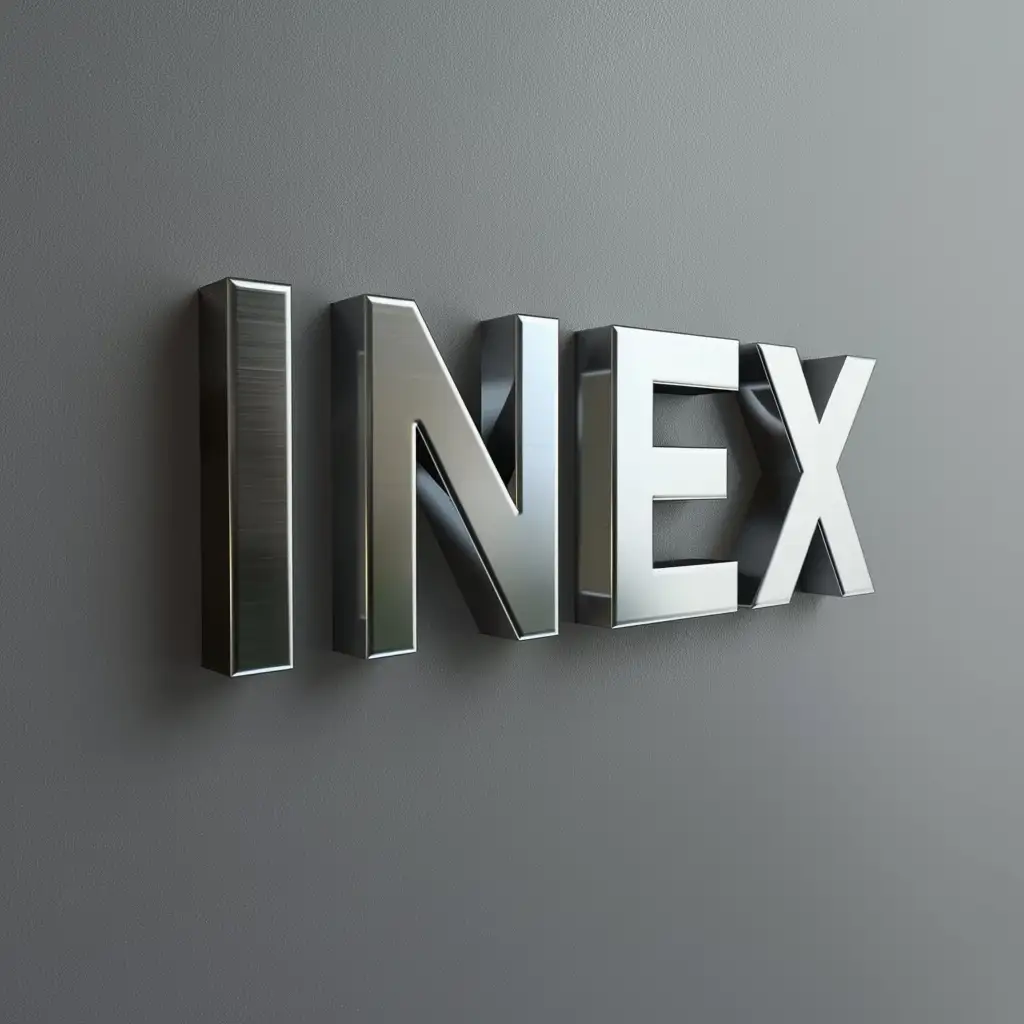 3 d Logo for INEX, facades,  metall silver letters, on a grey background
