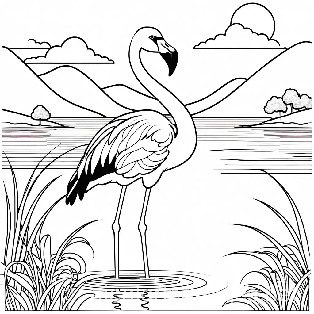 black and white cartoon drawing of a flamingo, with a lake in the background Coloring Page, black and white, line art, white background, Simplicity, Ample White Space. The background of the coloring page is plain white to make it easy for young children to color within the lines. The outlines of all the subjects are easy to distinguish, making it simple for kids to color without too much difficulty, Coloring Page, black and white, line art, white background, Simplicity, Ample White Space. The background of the coloring page is plain white to make it easy for young children to color within the lines. The outlines of all the subjects are easy to distinguish, making it simple for kids to color without too much difficulty, Coloring Page, black and white, line art, white background, Simplicity, Ample White Space. The background of the coloring page is plain white to make it easy for young children to color within the lines. The outlines of all the subjects are easy to distinguish, making it simple for kids to color without too much difficulty