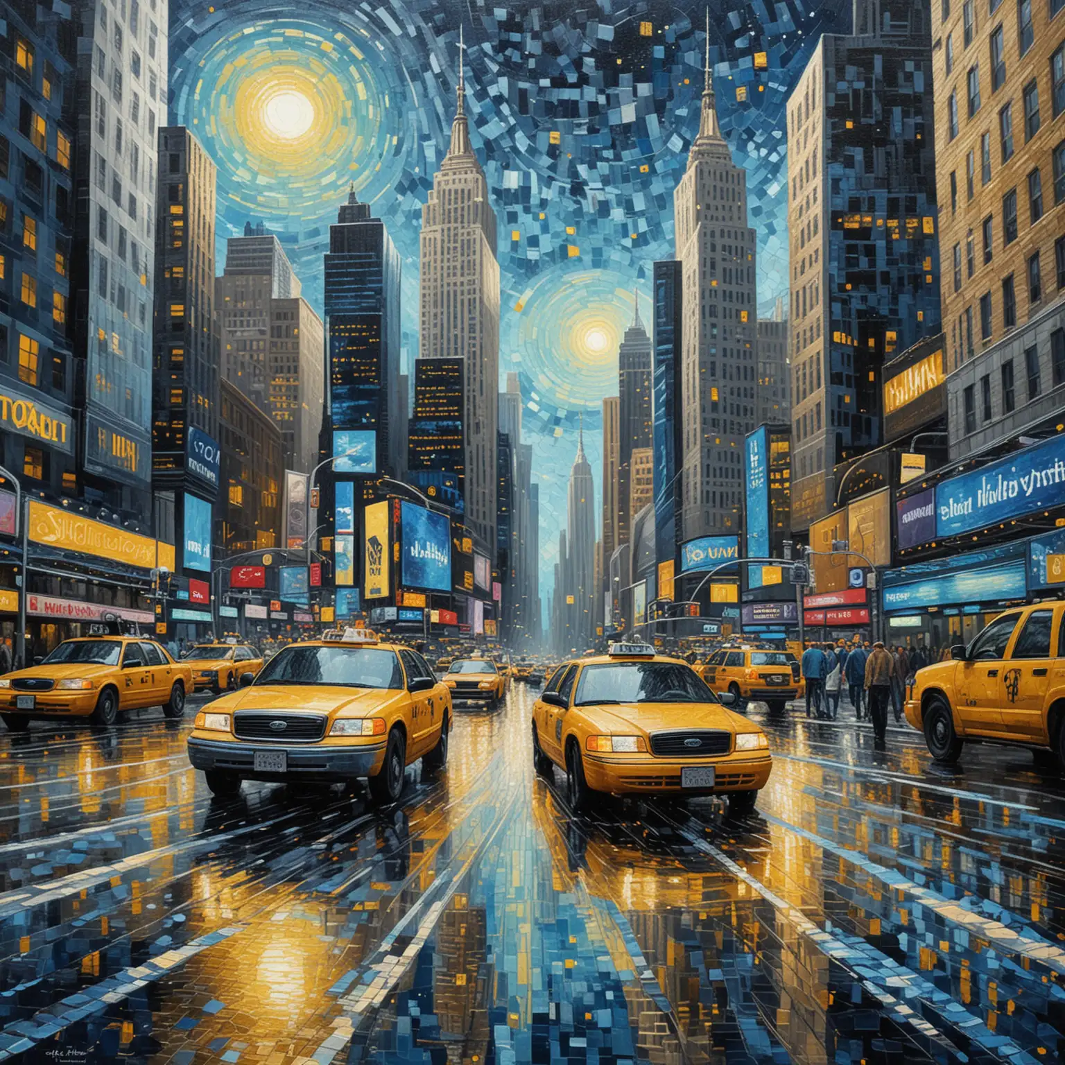New York Cityscape Van GoghInspired Mosaic with Time Square and Yellow Cabs
