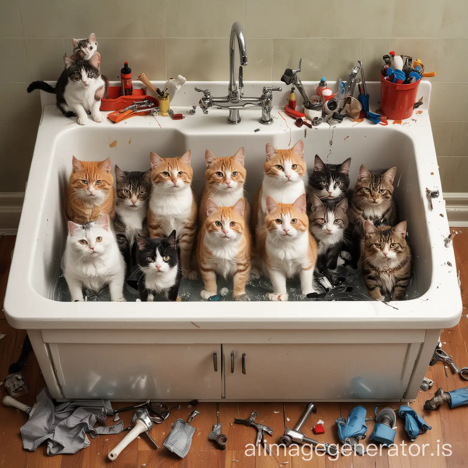 A BROKEN SINK WITH DOZENS OF CATS DRESSED AS MECHANICS AROUND AND UNDER THE SINK WITH TOOLS IN THEIR HANDS