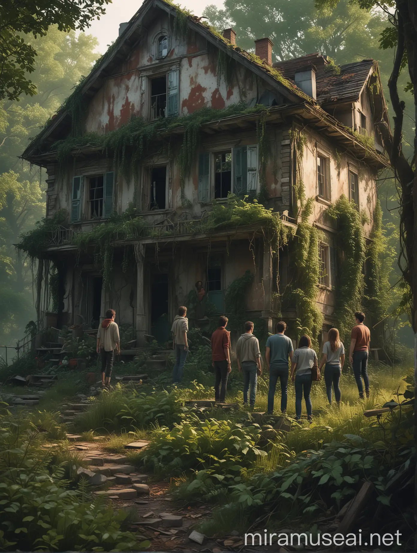 Curious Friends Exploring Abandoned Forest House at Dusk