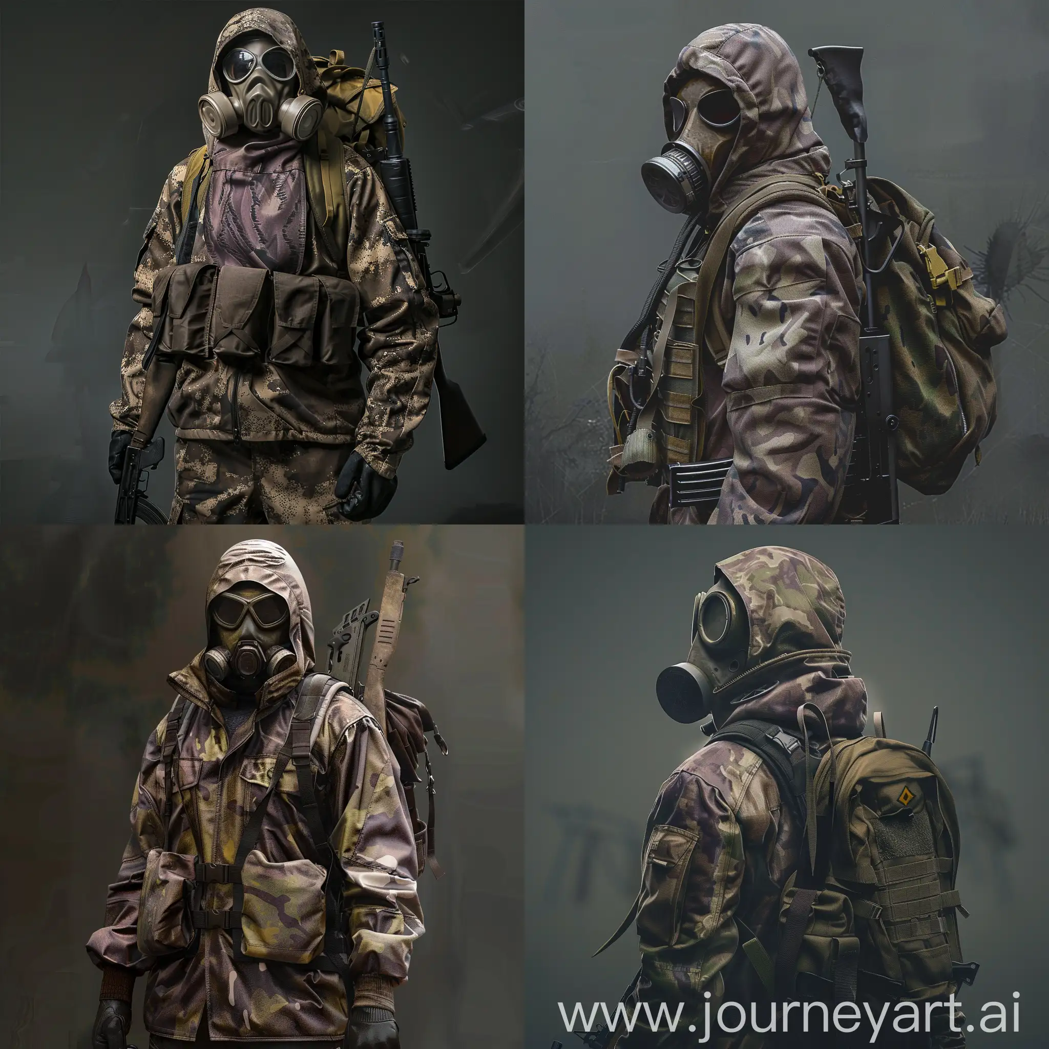 Stalker from game STALKER, military jacket, gasmask, military vest on body, weapon on the back.