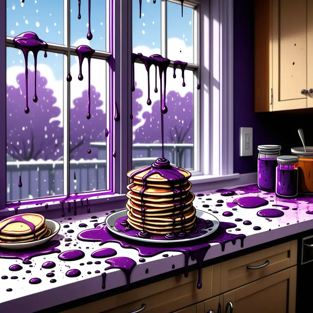 Cartoon Purple Food Coloring Splatter in Kitchen Creates Purple Pancakes