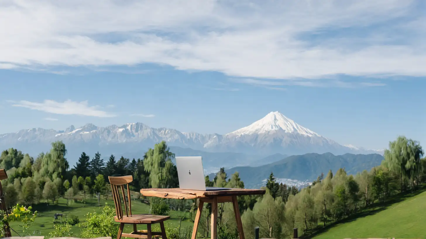 Working on Laptop with Mountain View on Wooden Table