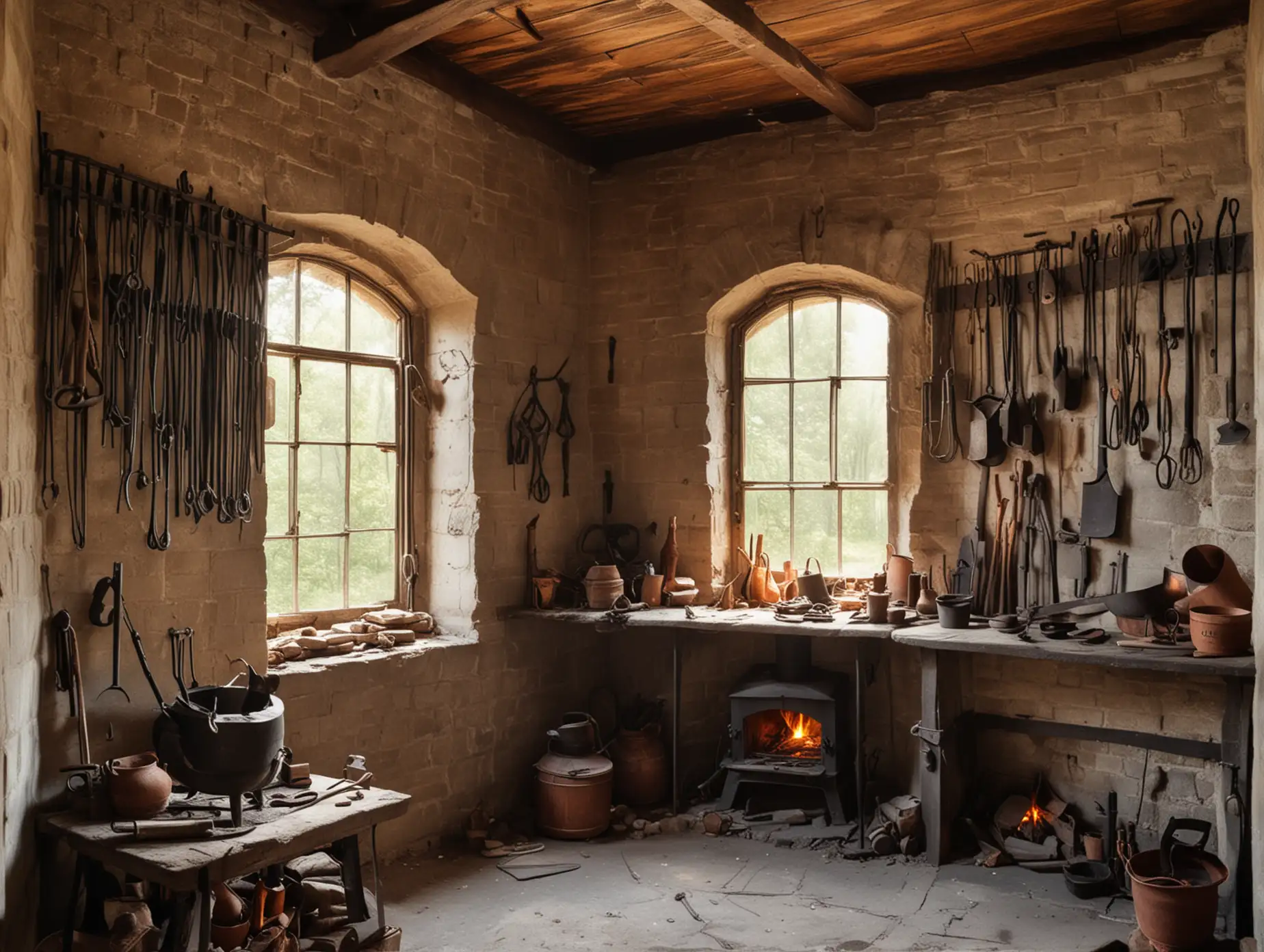 A corner of the forge with wrought items a central forge furnace tools hung on the wall and natural light from a window