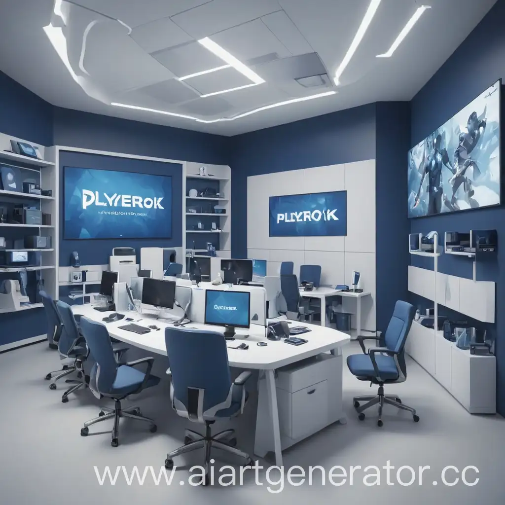 офис компании будущего по продаже игровых аккаунтов в сине-белом стиле с названием Playerok