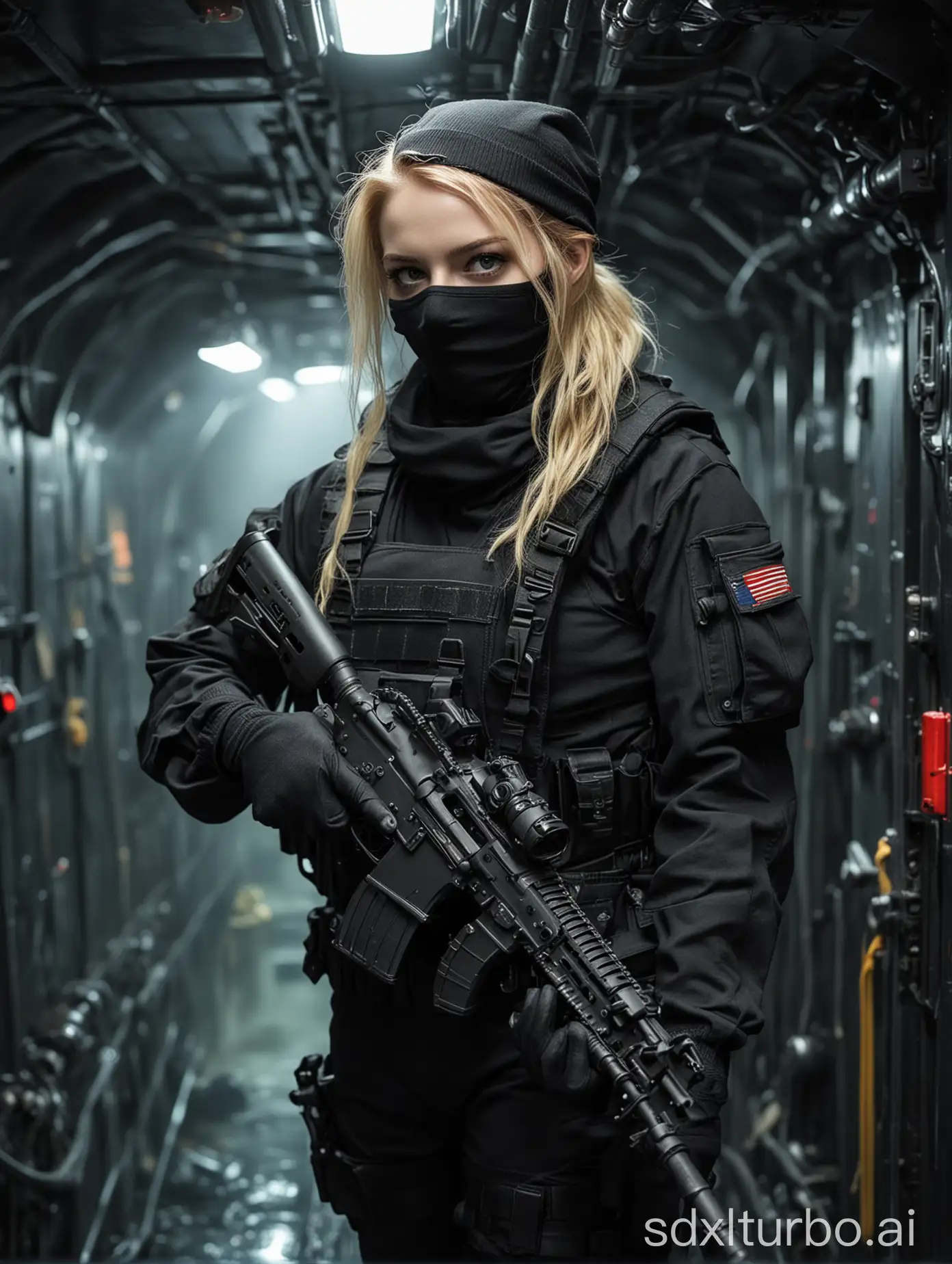 Hermosa chica pelirroja de piel muy blanca en uniforme militar negro negro táctico utilizando un pasamontañas negro,  guantes tácticos negros, lleva consigo un rifle de asalto, adentro de un submarino, luces rojas