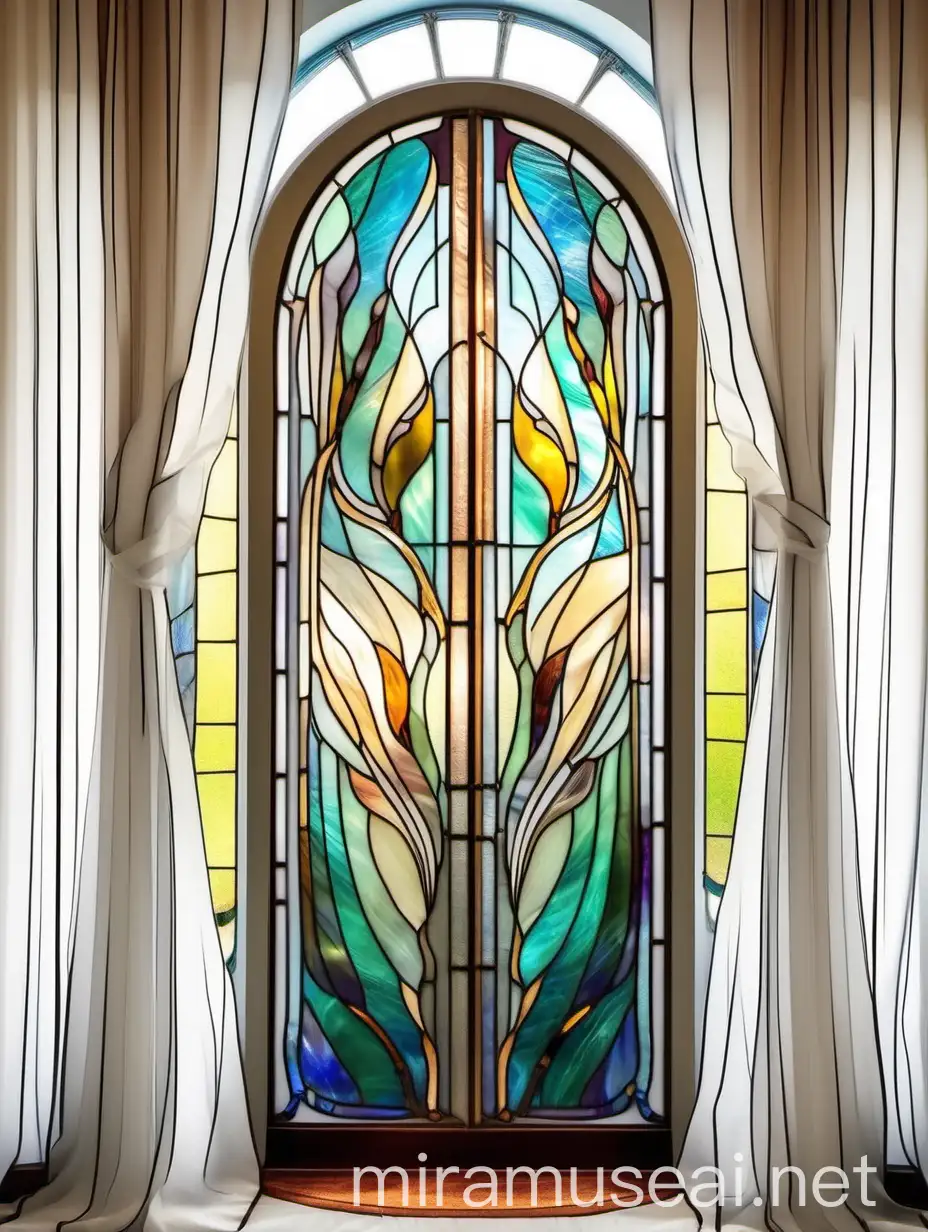Витраж с абстрактными плавными линиями, на двери в ванной, из цветного стекла тиффани, в стиле ар нуво, на фоне штор из белой органзы