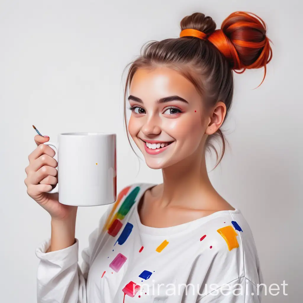 beautiful girl artist hair in a bun in paint smiles with a square white mug on a white background