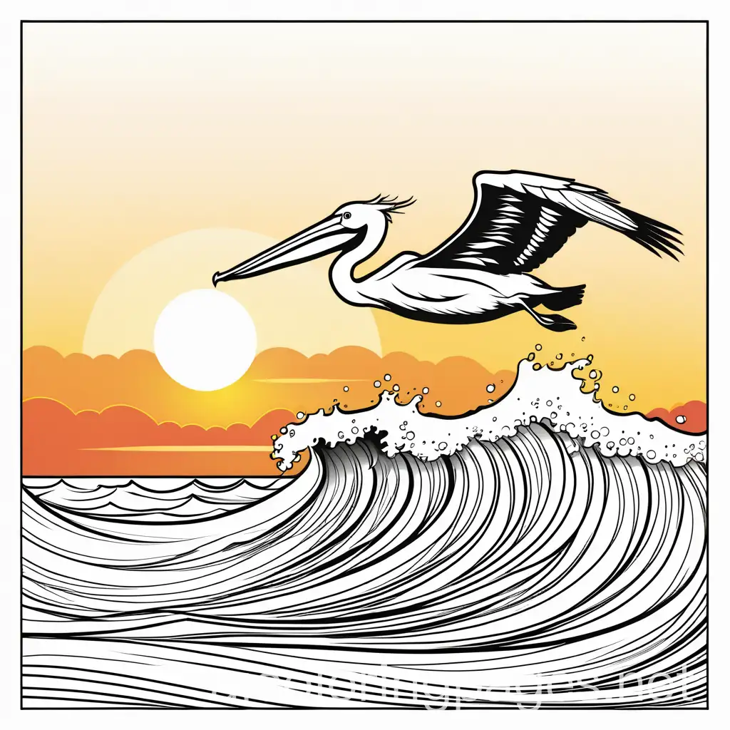 A pelican surfing on a wave with a colorless sunset in the background., Coloring Page, black and white, line art, white background, Simplicity, Ample White Space. The background of the coloring page is plain white to make it easy for young children to color within the lines. The outlines of all the subjects are easy to distinguish, making it simple for kids to color without too much difficulty