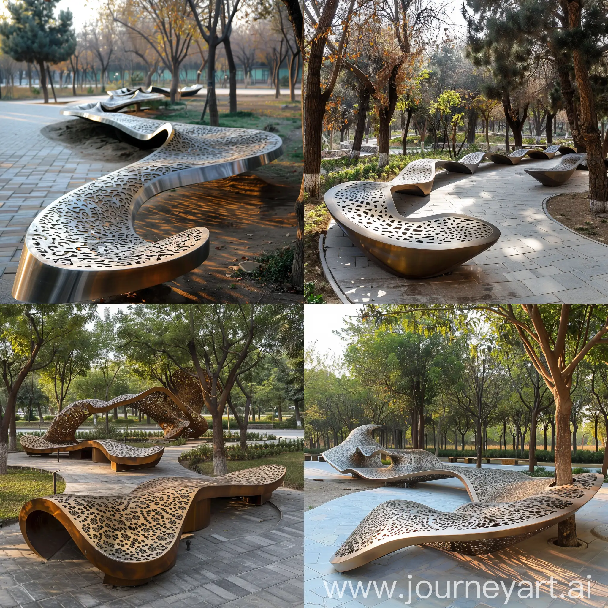 minimal Modular Seating:Create modular seating for Mellat Park in Tehran, Iran, featuring organic forms with flowing lines inspired by the Root Bench and Wooden Wave Pavilion. The seating should have laser-cut Persian patterns visible from the top view, made from metal sheets (stainless steel or aluminum), with a natural metal finish or powder-coated in earthy tones. The design should be modular, allowing for various configurations, and placed in clusters to promote social interaction. The seating should be durable, culturally relevant, and flexible, incorporating minimalist and modern design principles.							Form & Shape:Organic forms with flowing lines.Laser-cut Persian patterns visible from the top view.				Structure:Individual modules that can be combined in various configurations.Durable construction using metal sheets.		Dimensions:Standard module size: 1 meter x 1 meter.									Materials:Stainless steel or aluminum for durability and ease of maintenance.							Color:Natural metal finish or powder-coated in earthy tones.								Features:Modular Flexibility: Can be rearranged to suit different spaces and needs.Persian Patterns: Subtle incorporation of cultural elements.														Location:Throughout Mellat Park, in clusters to promote social interaction.