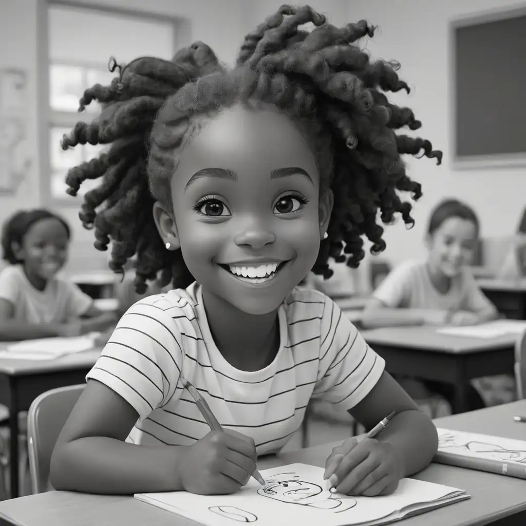 Smiling Black Girl Coloring Page Bold Lines in Classroom Setting