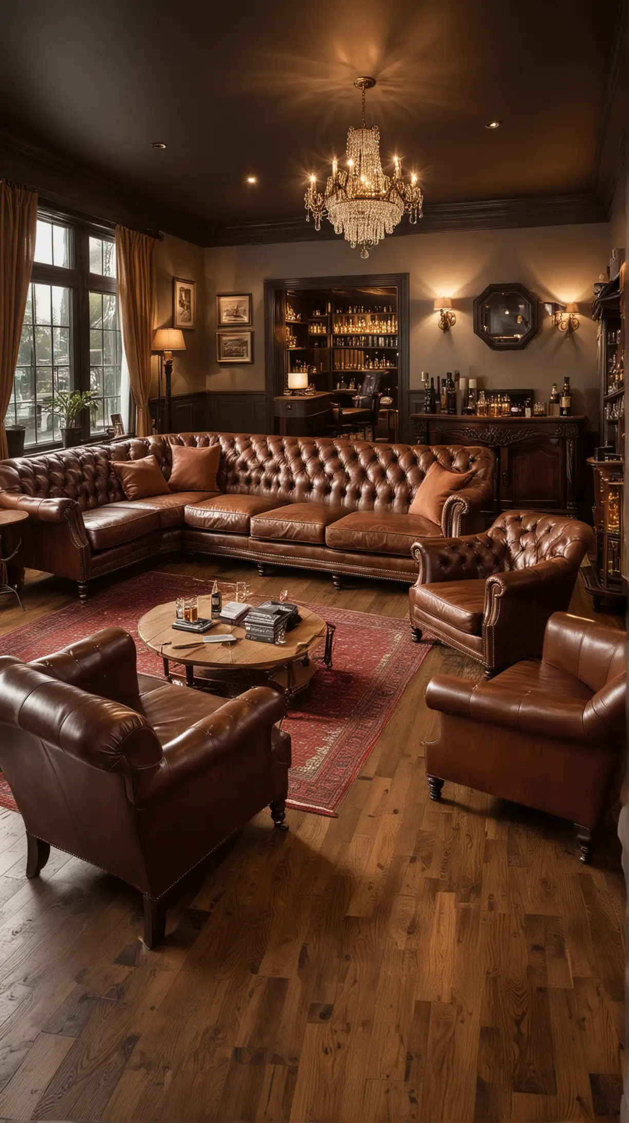 Luxurious Whiskey Lounge with Classic Dark Leather Armchairs and Rich Wooden Floors
