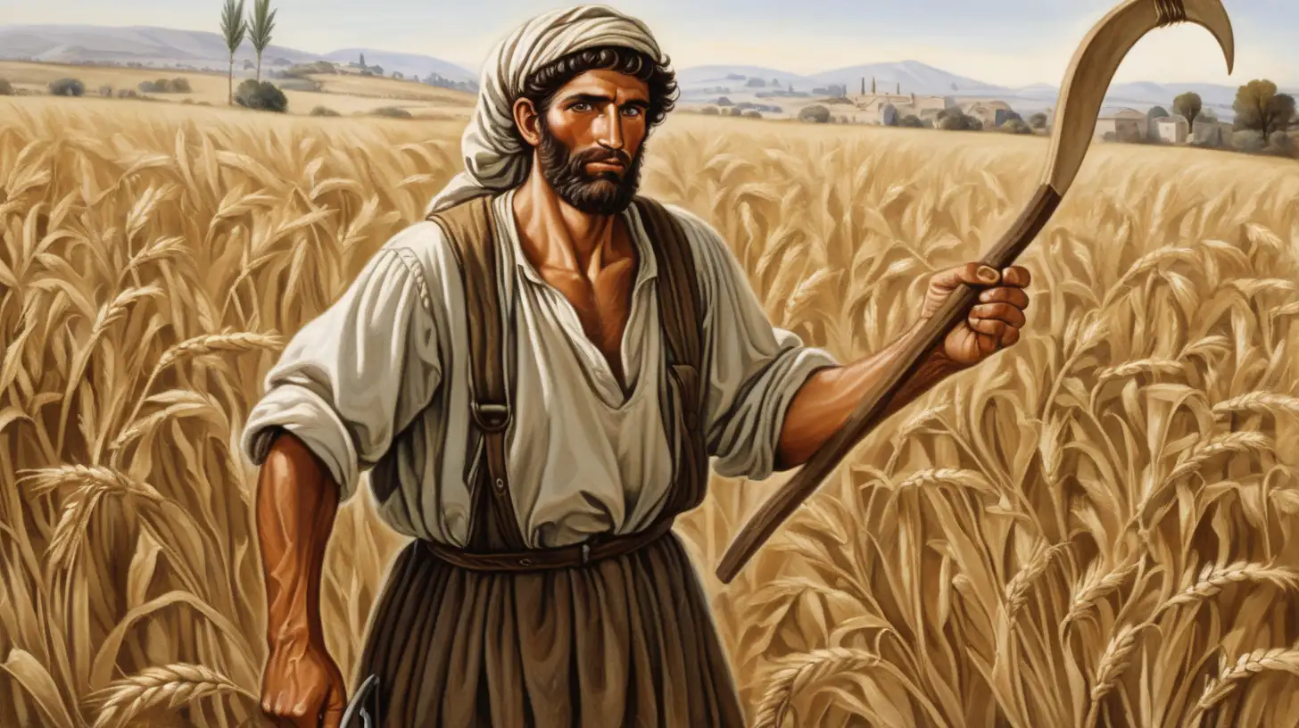 epoque biblique, un ouvrier hébreu en train de moissonner un champ avec une faucille, beau visage
