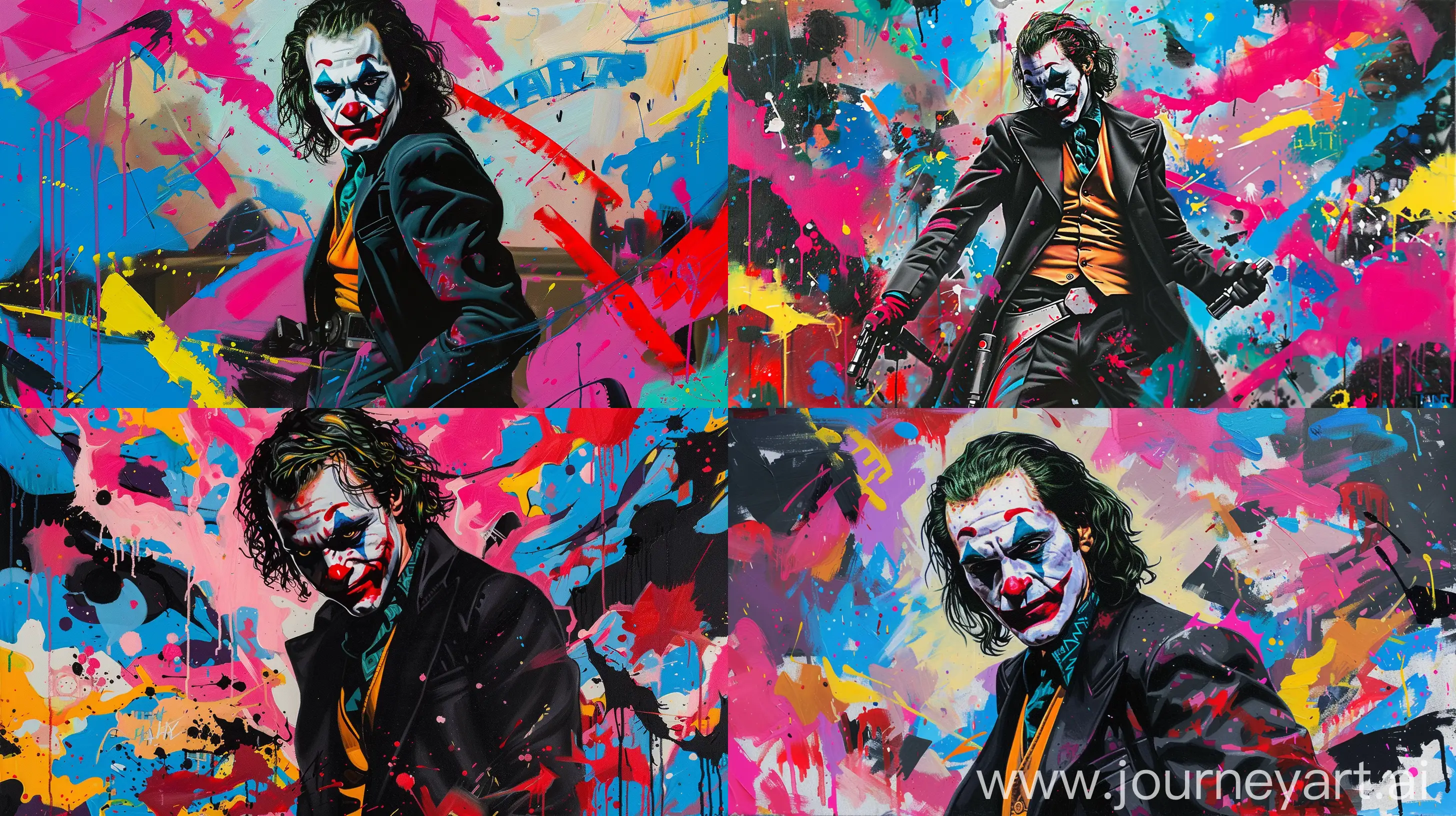 oil painting of heath ledger as joker in star wars style, The overall color palette of the painting should includes vibrant and bright colors, The illustration features predominantly black with red highlights along with a psychedelic background of bright pink, blue, yellow, and other colors. The overall impression is of a high-energy, comic book style action scene with a modern and stylized interpretation of the character. The colors in the image are more on the bright side rather than pastel or moody. --ar  16:9