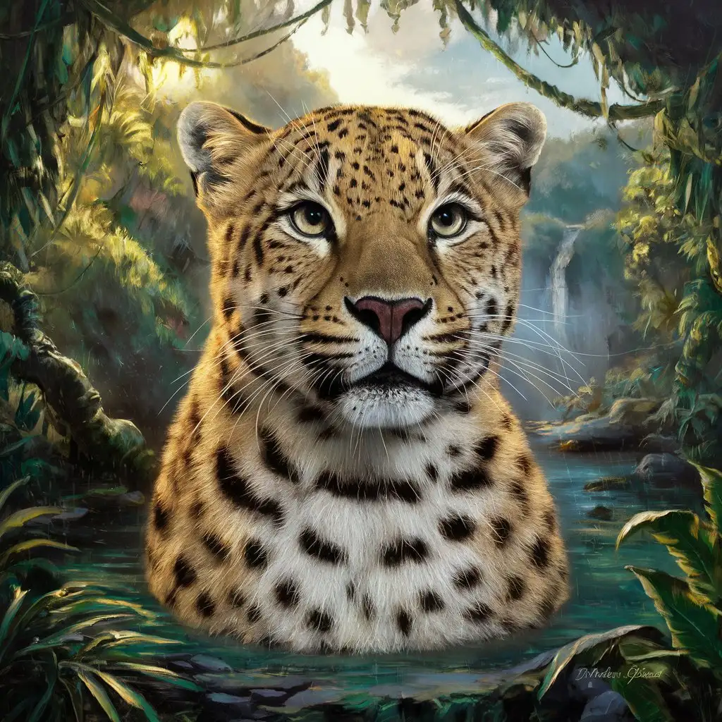 a painting of a leopard's bust in the tropical jungle, following the same style of rendering as the image provided