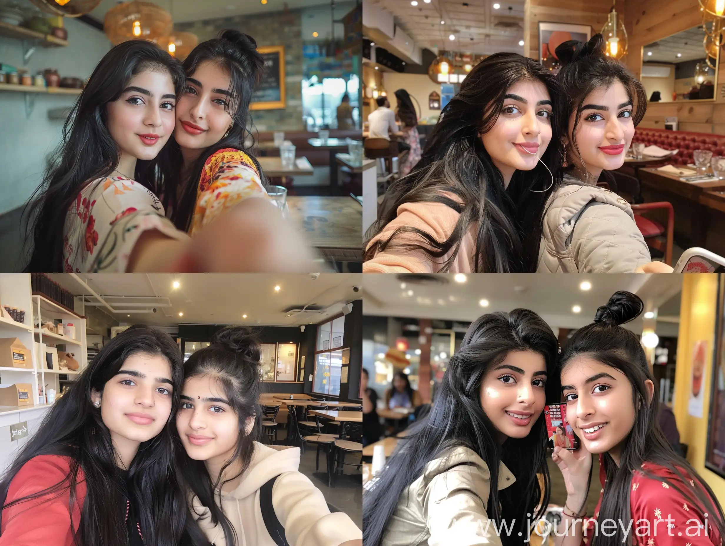 2 beautiful british Pakistani girls one with long black hair and the other with hair up in ponytail, taking selfie in restaurant --v 6