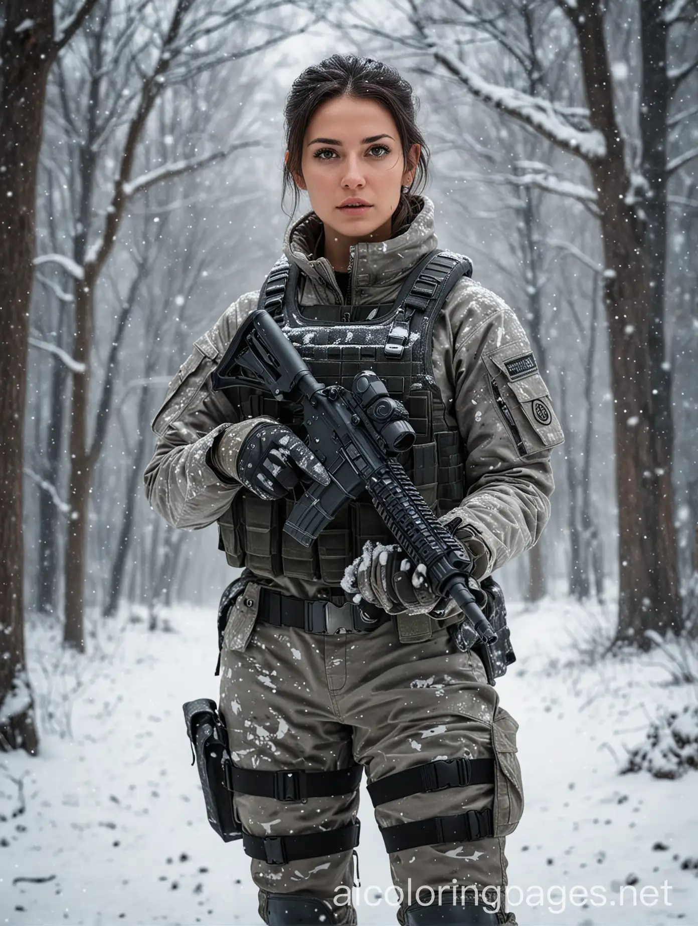 A beautiful brunette soldier girl, wearing winter camo military gear, camo plate carrier rig, combat gloves, AR-15, during a snow storm,, beautiful, moody lighting, best quality, full body portrait, real picture, intricate details, depth of field, in a cold snowstorm, , Fujifilm XT3, outdoors, bright day, Beautiful lighting, RAW photo, 8k uhd, film grain, unreal engine 5, ray travig, Coloring Page, black and white, line art, white background, Simplicity, Ample White Space. The background of the coloring page is plain white to make it easy for young children to color within the lines. The outlines of all the subjects are easy to distinguish, making it simple for kids to color without too much difficulty