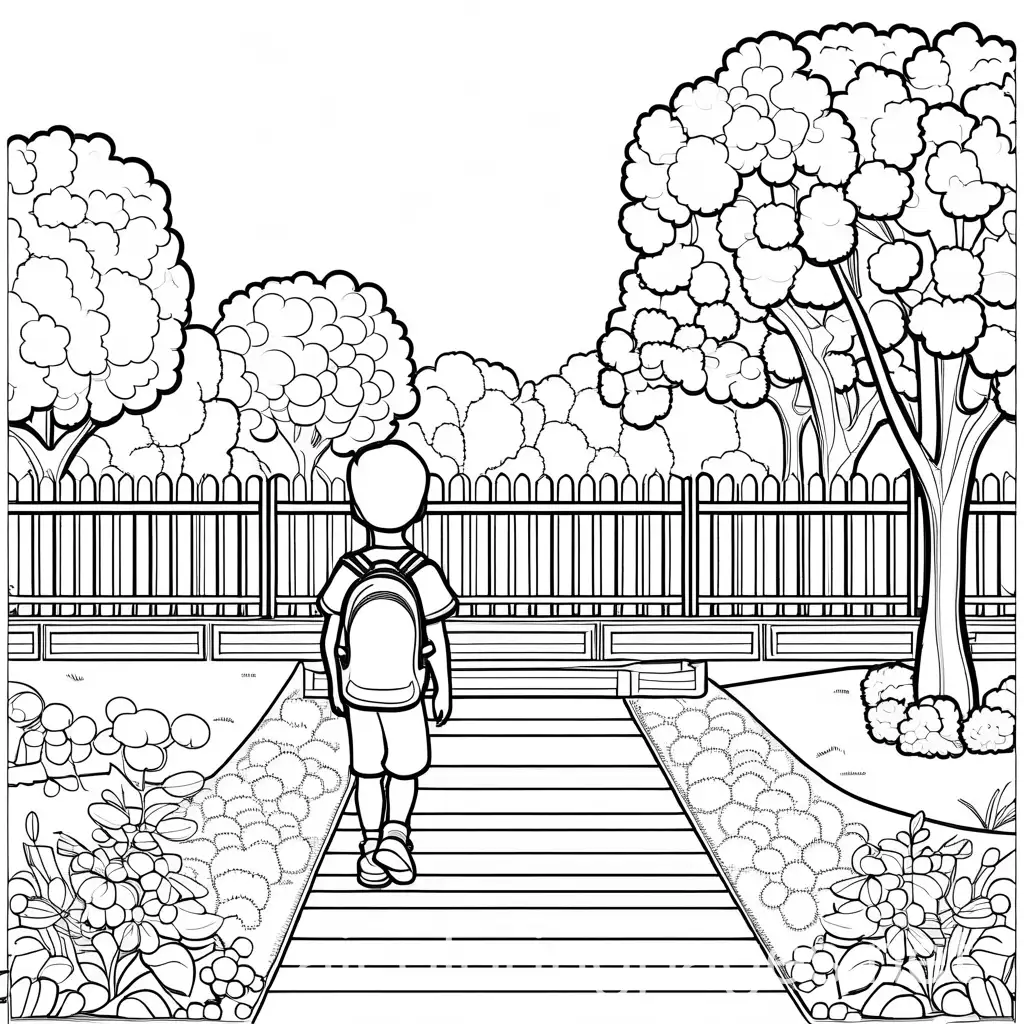 Boy-in-Park-Coloring-Page-Dark-Highlighted-Outline-Black-and-White-Line-Art