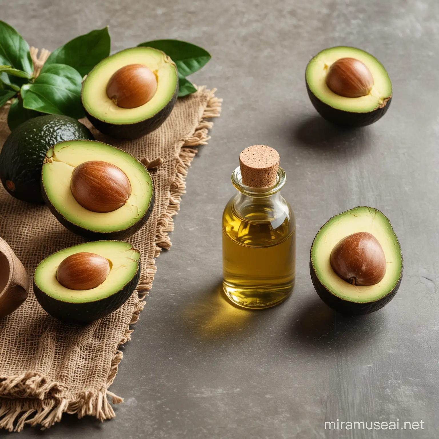 Avocado oil with fruit in view on a table 