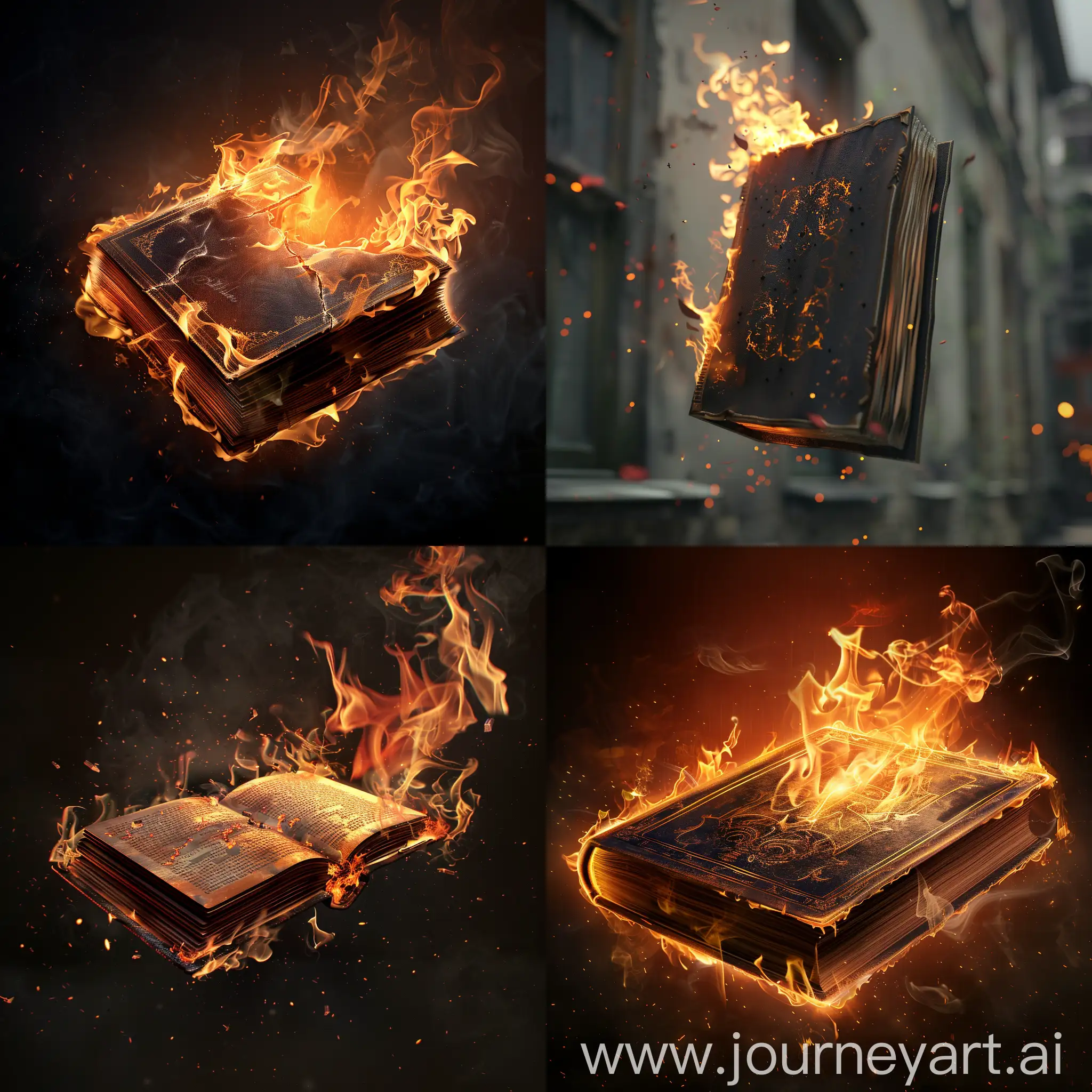 make a flying burning book in photorealistic style