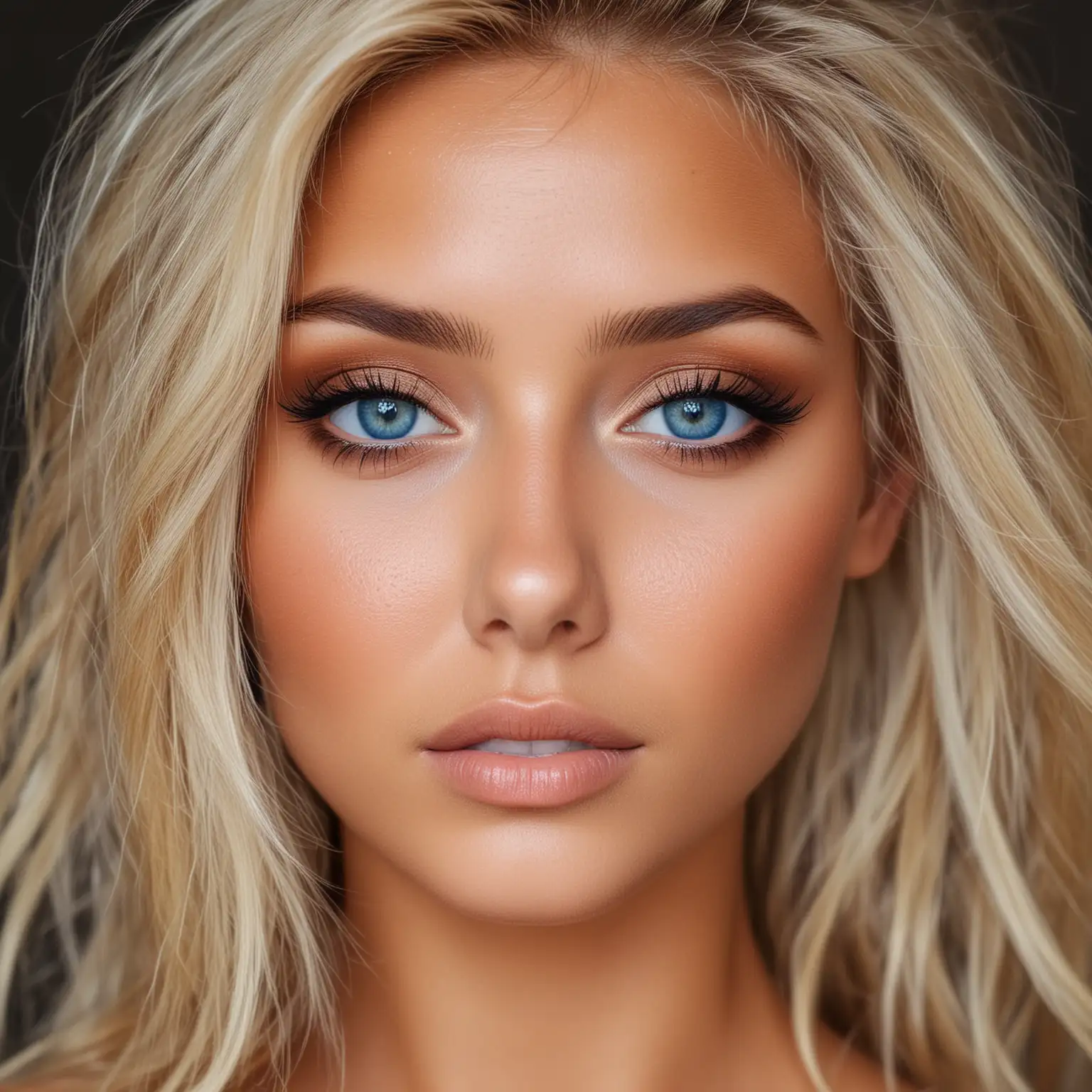 most beautiful woman in the world blonde hair, blues eyes, tan skin, beauty mark light black  under left eye, perfect pro makeup on face.
