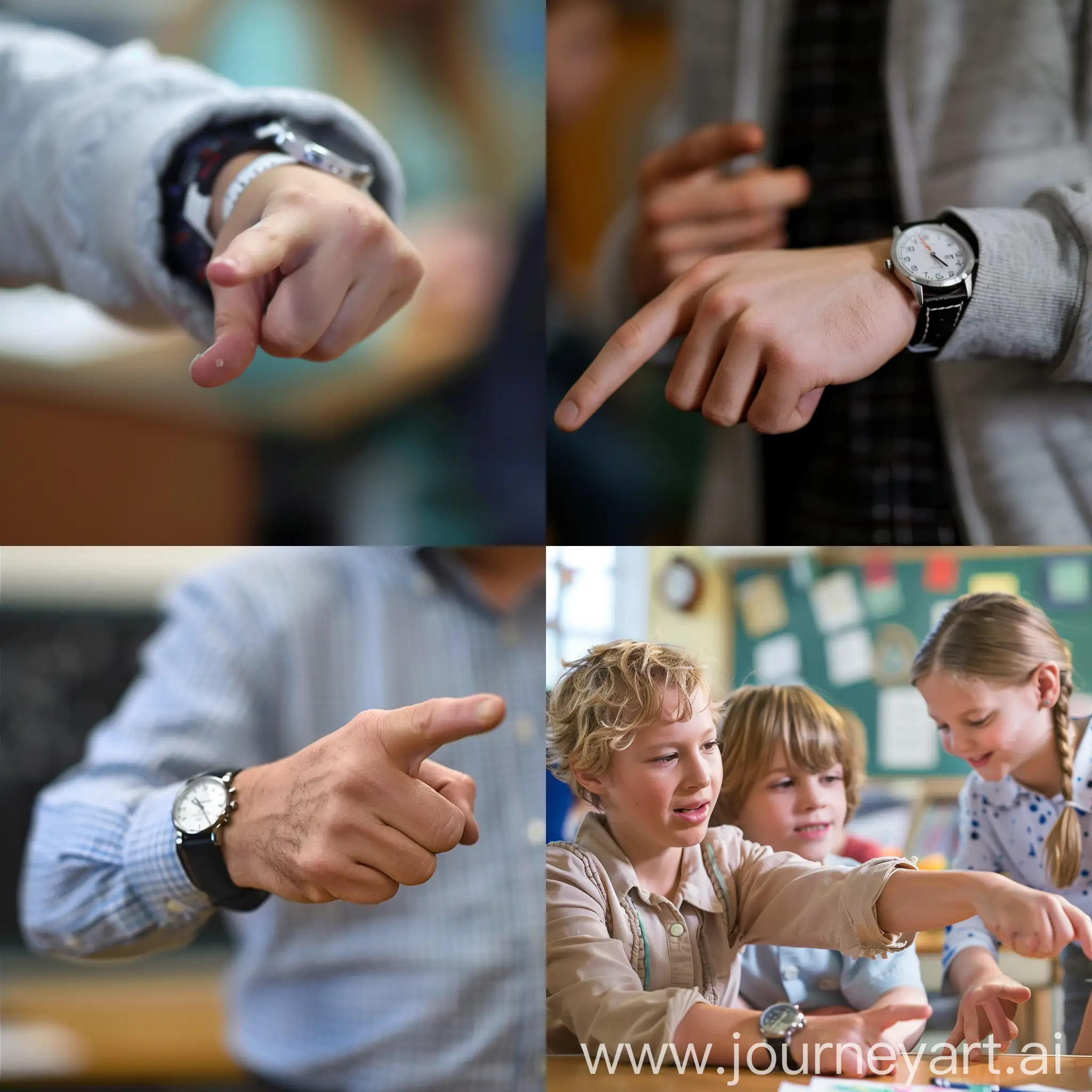 Teacher-Pointing-at-Watch-in-Classroom