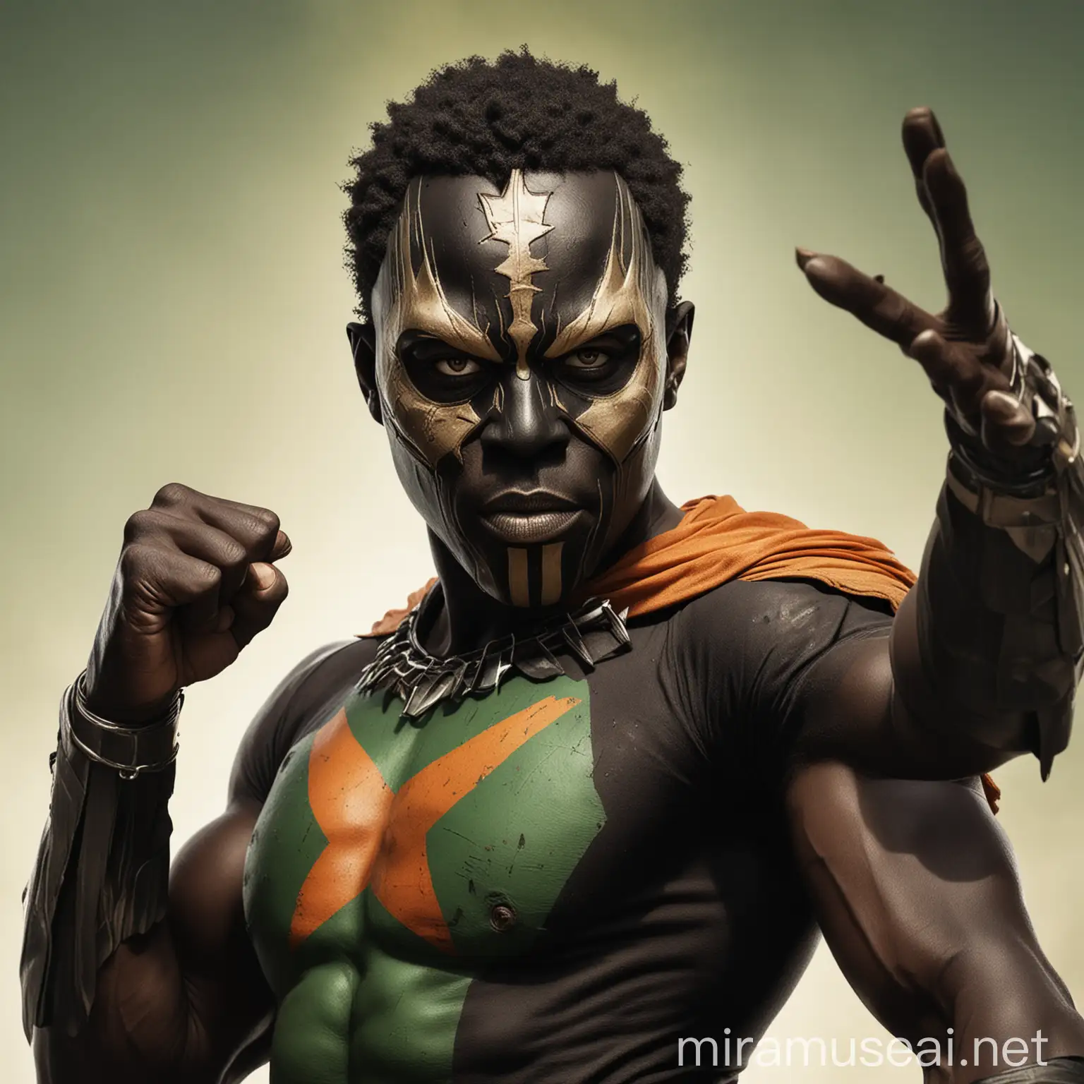 imagine an African superhero with a predominantly black mask and hints of orange, white and green, with a clenched fist and raised hand