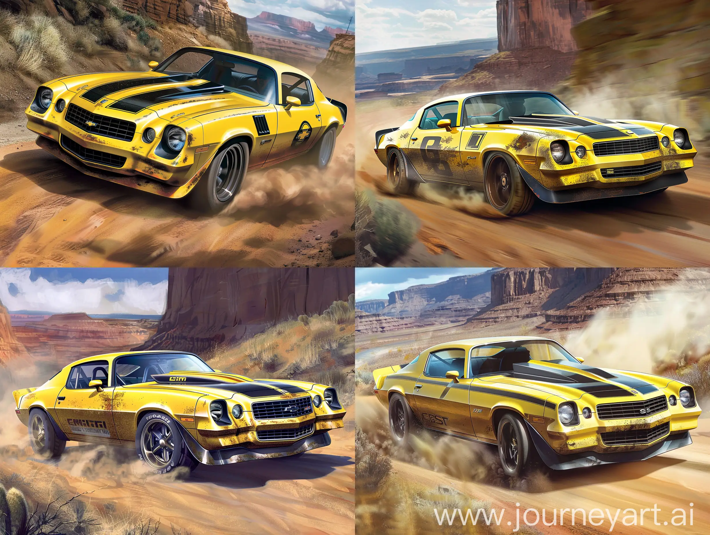 1977 chevrolet camaro yellow with black racing stripes a little rusted, going fast on dirt road, wallpaper, Illustration Yellow patterns Black Racing Stripes, Canyon background, dust coming out, Illustration in Drawing style