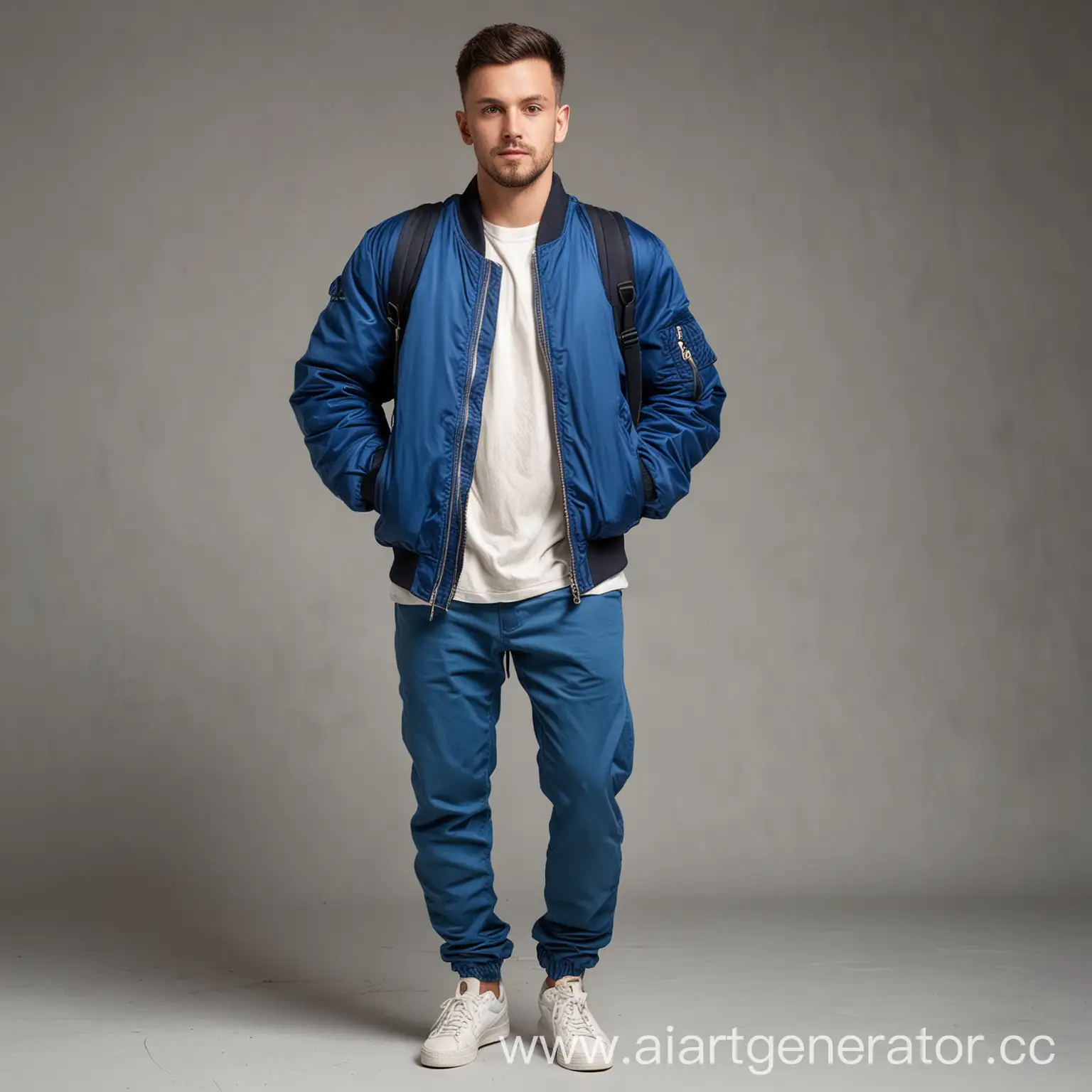 Man-in-Blue-Bomber-Jacket-and-Backpack-Poses-for-Photo