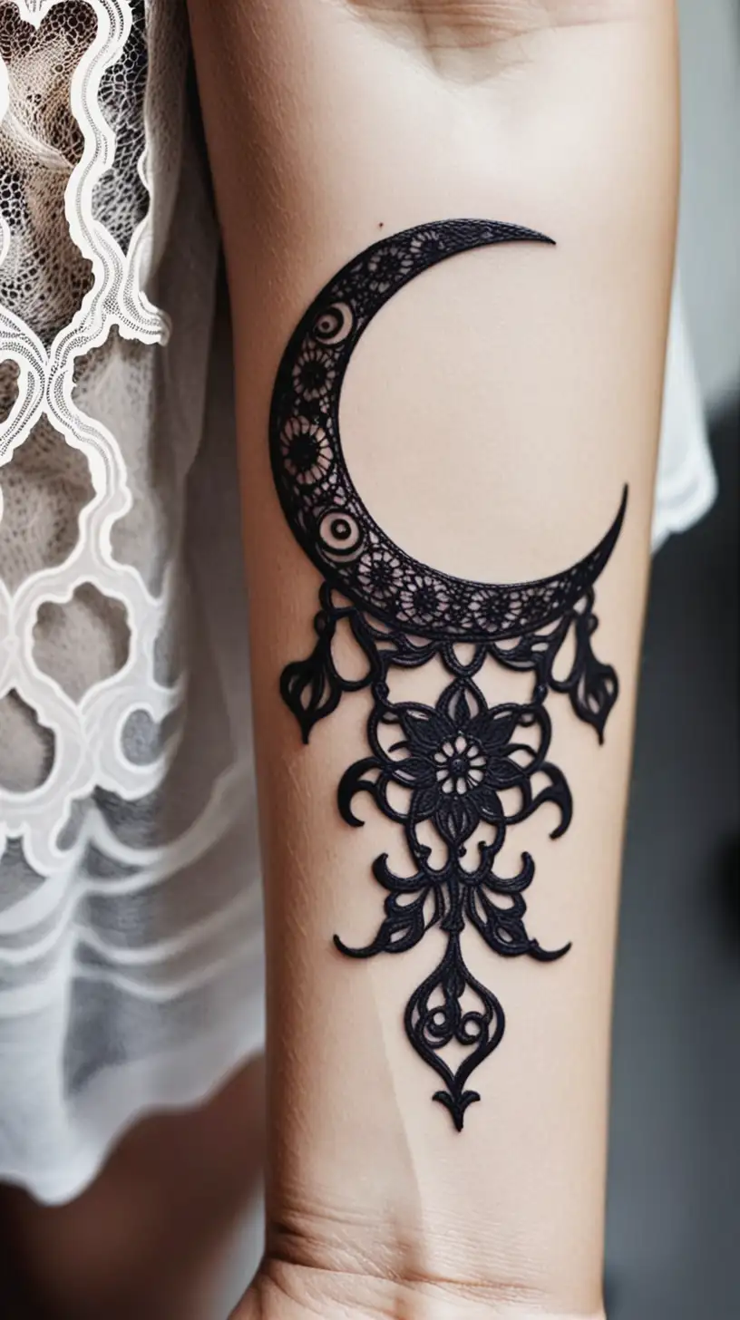 Elegant Lace Moon Pendant on Tanned Arm with Black Tattoos