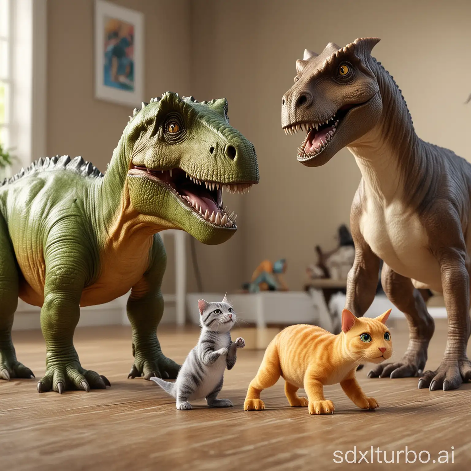 Dinosaurier als Haustier neben einem Hund und einer Katze