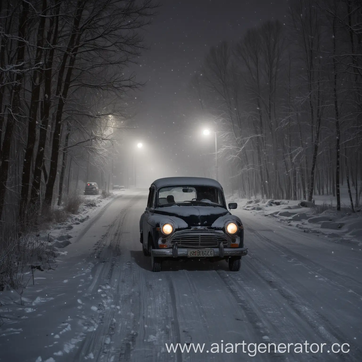 Snowy-Night-Drive-Old-Car-Journeying-Through-Winter-Village