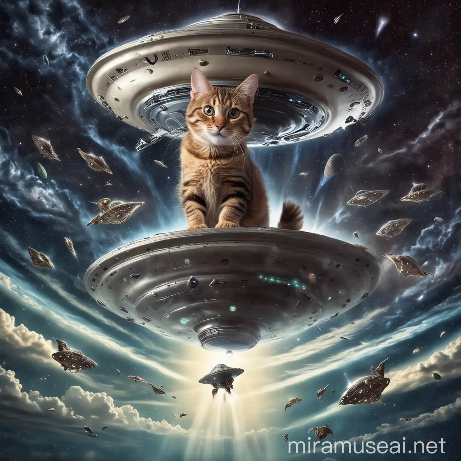 tabby cat being abducted by aliens in flying saucer