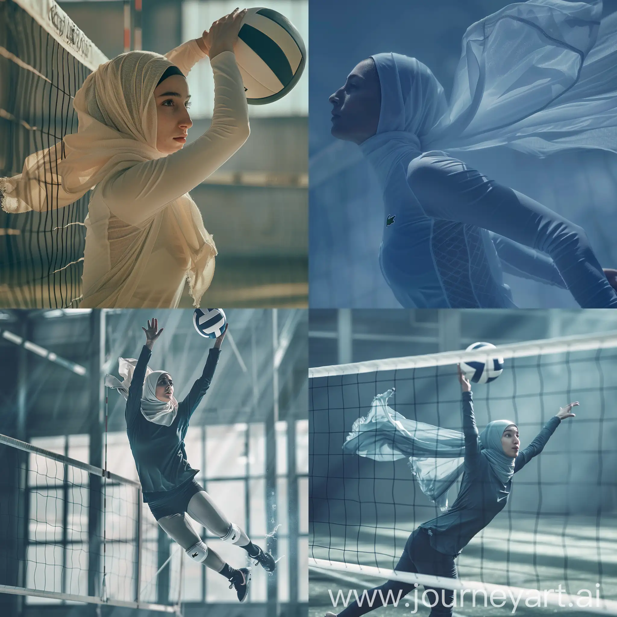 Woman volleyball player Hijab, horizontal View, Flight in air for Spike Style Installation Ambient, cinematic LUT, exuding confidence, blending Lacoste Modern fashion with the unique atmosphere of golf aesthetic, cinematic, intricate texture details, camera haze, camera blur. High movement.