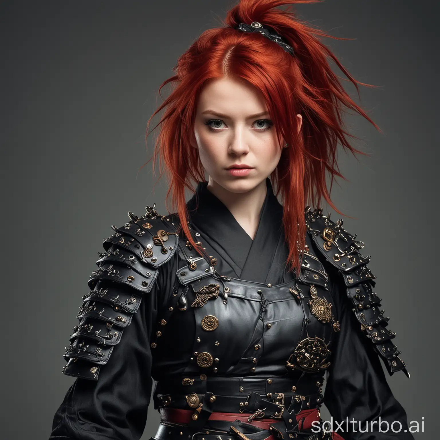 photo of a red-haired girl dressed as punk samurai