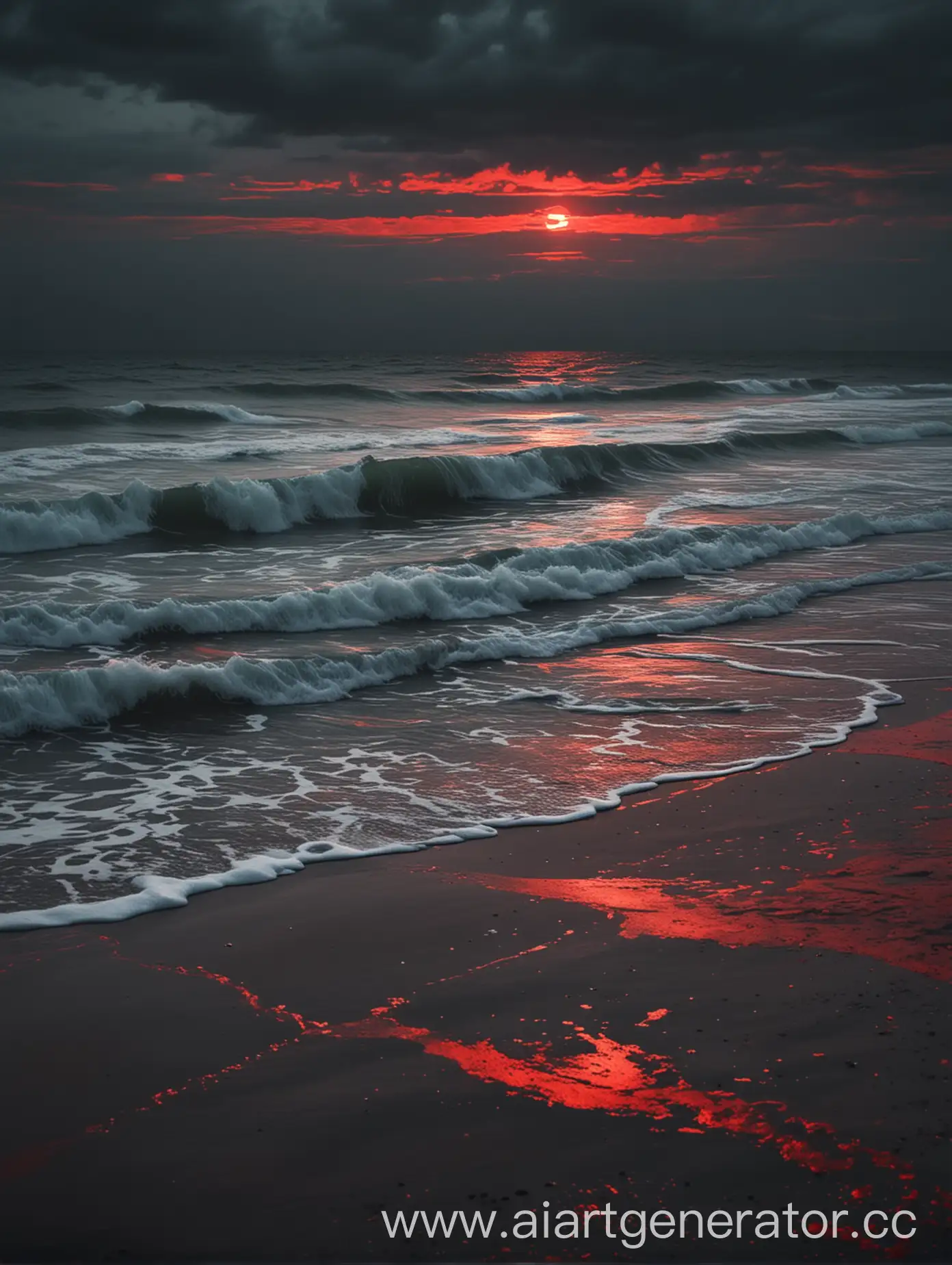 тёмное море и пляж с красными вкрапинками в стиле размытосте и мультик