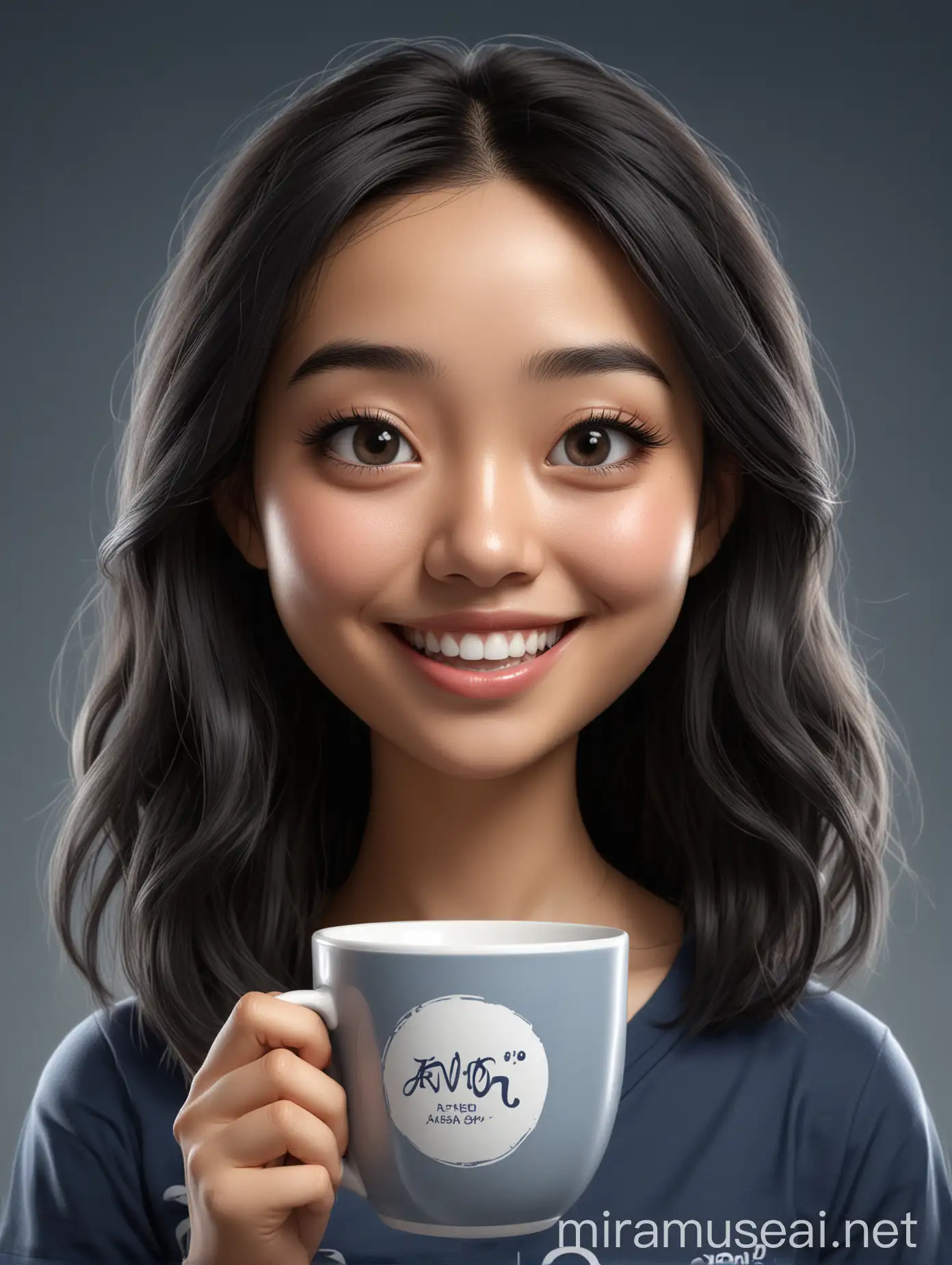 3D Realistic Caricature Smiling Asian Woman with PRO AI Cup